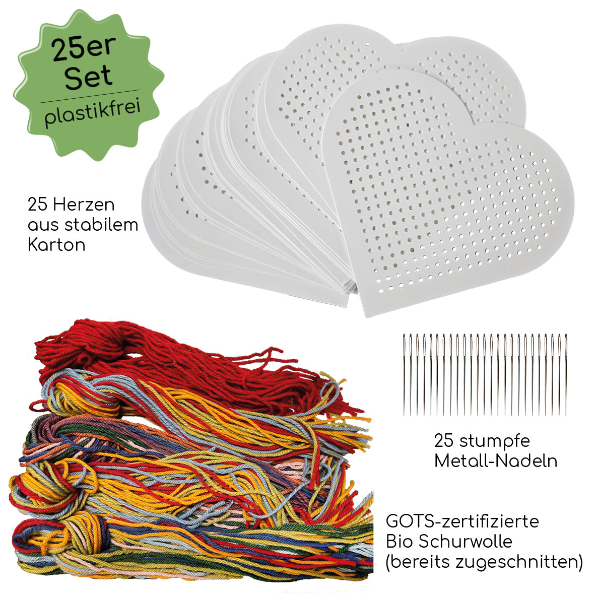 25er Stick Set: Herzen gestalten - plastikfrei mit Bio-Wolle