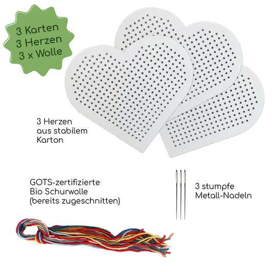 Erweiterung 3er Stick-Set: Herzen gestalten - plastikfrei mit Bio Wolle